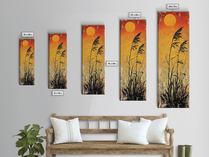 Golden Sun Reeds Silhouette Wall Art, Japanese Minimalist Print, Warm Orange Decor, Long Narrow Boho Canvas Print Home Decor