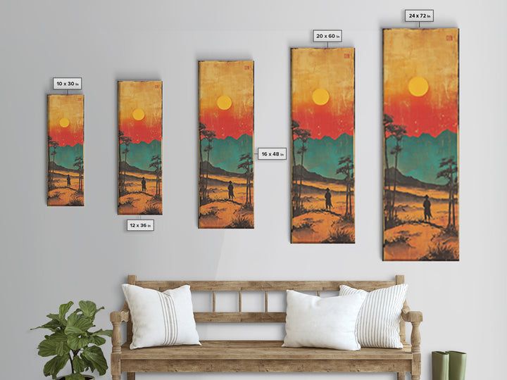 Lone Figure At Sunset Mountain Lake Framed Canvas Print, Japanese Landscape Wall Art, Moody Nature Decor, Vertical Poster