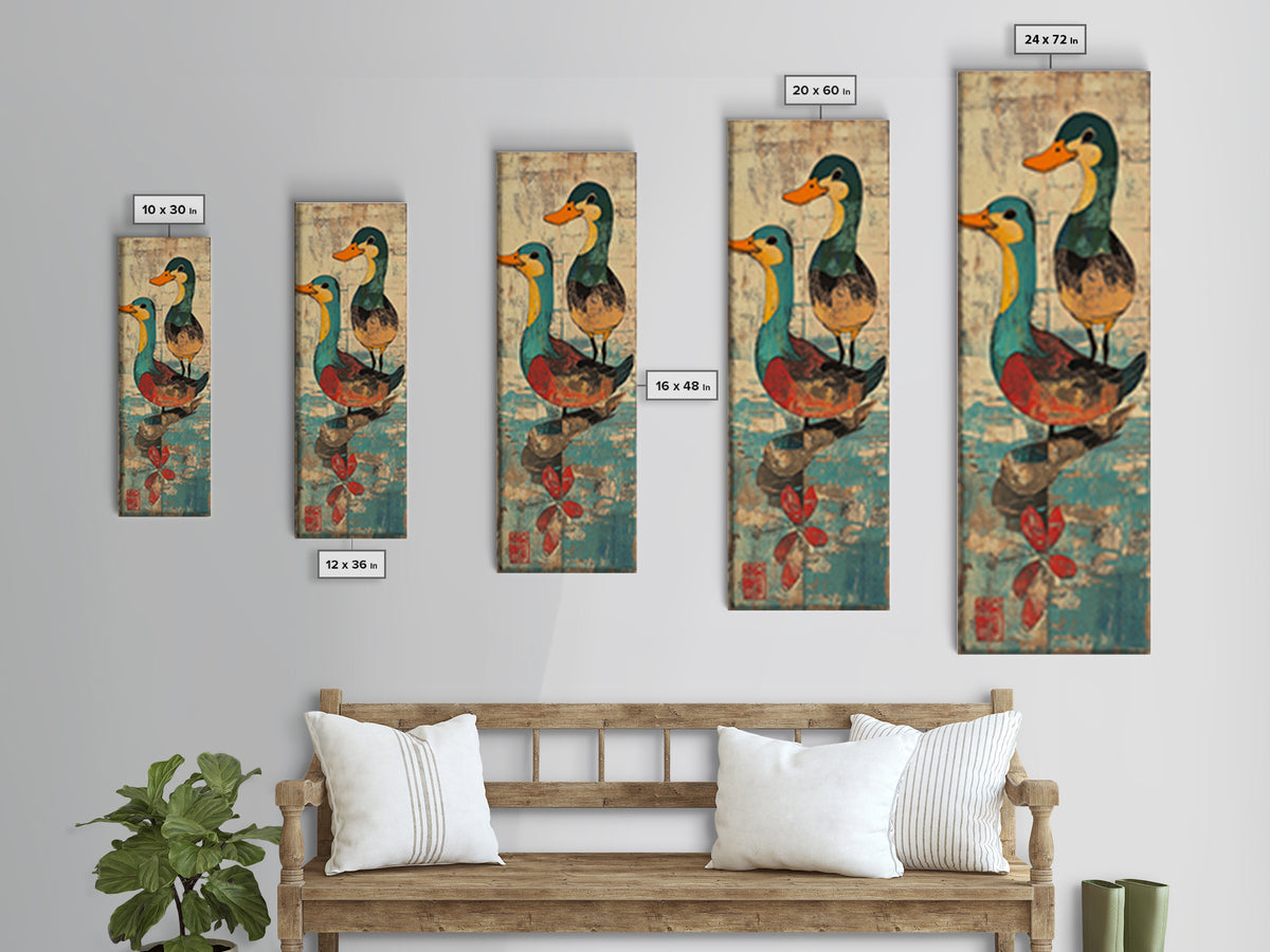 Two Colorful Mallard Ducks Wall Art, Whimsical Animal Print, Japanese Style Bathroom Decor, Cute Nursery Canvas Print Gift