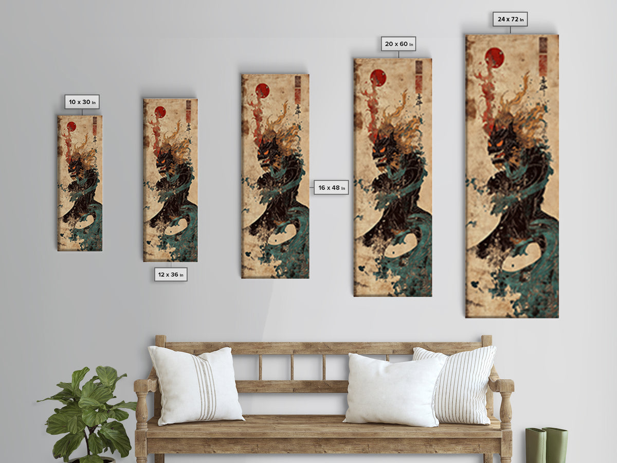 Dark Japanese Dragon With Red Sun Canvas Print, Mythical Fantasy Wall Art, Asian Warrior Decor, Gothic Statement Poster Art
