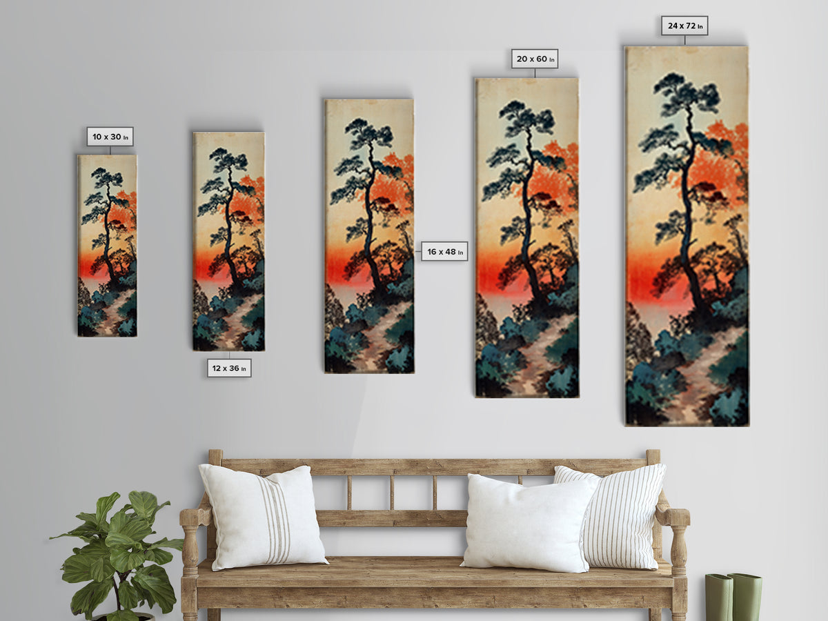 Tall Pine Trees At Sunset Wall Art, Japanese Forest Landscape Print, Misty Nature Decor, Long Vertical Canvas Print Home Decor