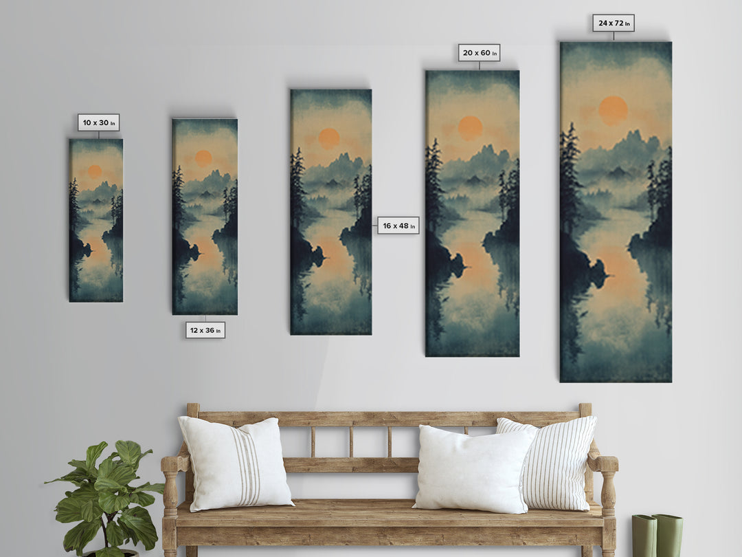Misty Pine Lake Sunset Wall Art, Japanese Landscape Print, Moody Mountain Decor, Calming Nature Art For Living Room Wall Decor