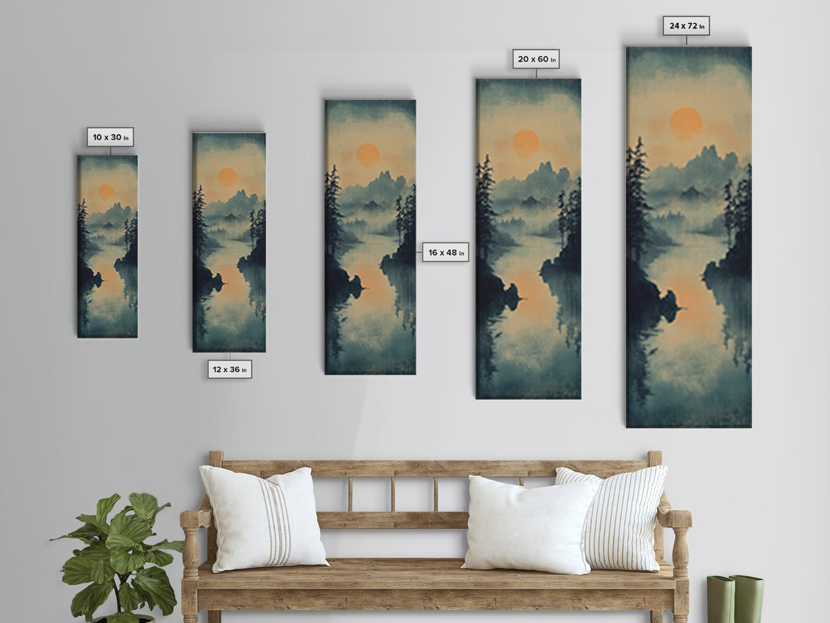 Misty Pine Lake Sunset Wall Art, Japanese Landscape Print, Moody Mountain Decor, Calming Nature Art For Living Room Wall Decor