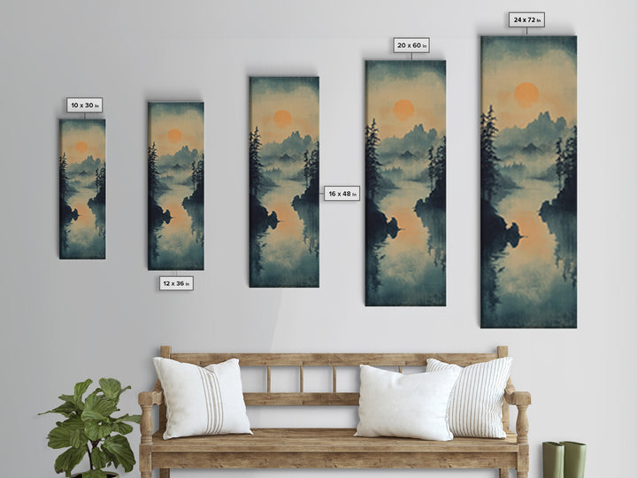 Misty Pine Lake Sunset Wall Art, Japanese Landscape Print, Moody Mountain Decor, Calming Nature Art For Living Room Wall Decor