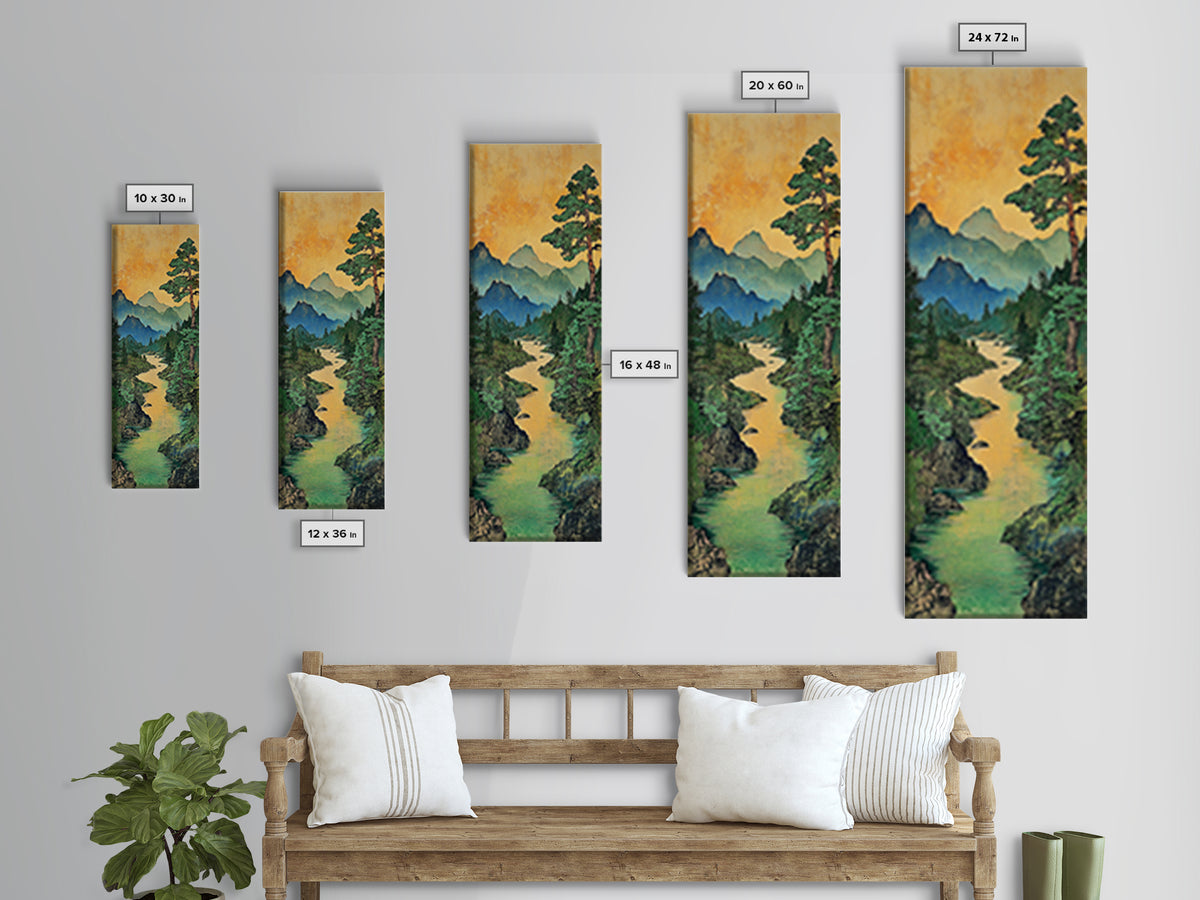 Turquoise River Mountain Landscape Wall Art, Japanese Nature Print, Rustic Cabin Decor, Large Canvas Wall Art For Living Room