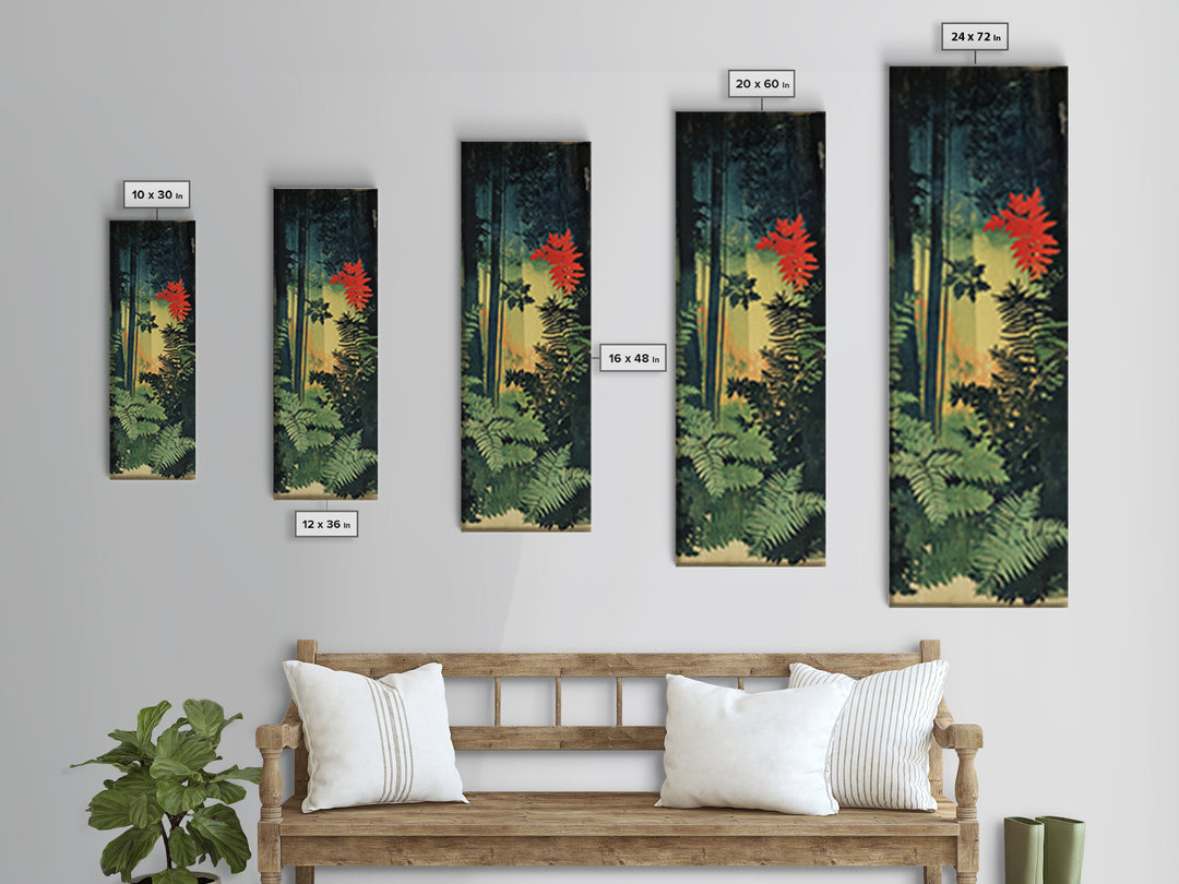 Dark Forest Ferns With Red Maple Glow Wall Art, Botanical Nature Print, Moody Woodland Decor, Large Framed Canvas Print For Spa Decor