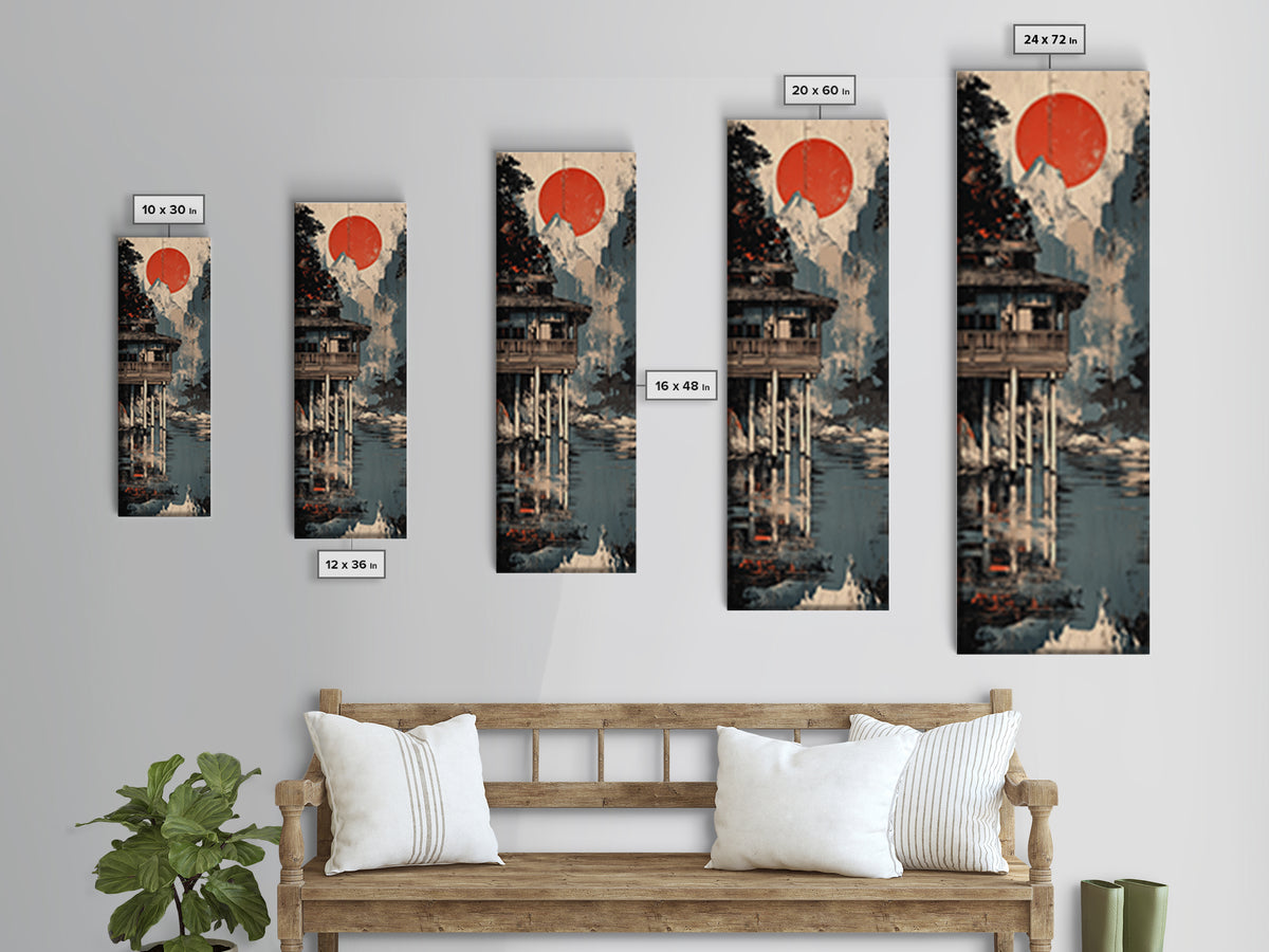 Mountain Lake Cabin Canvas Print, Japanese Wall Art, Japandi Wall Decor, Serene Landscape Art, Modern Coastal Home Decor