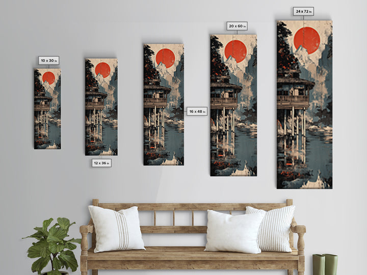 Mountain Lake Cabin Canvas Print, Japanese Wall Art, Japandi Wall Decor, Serene Landscape Art, Modern Coastal Home Decor