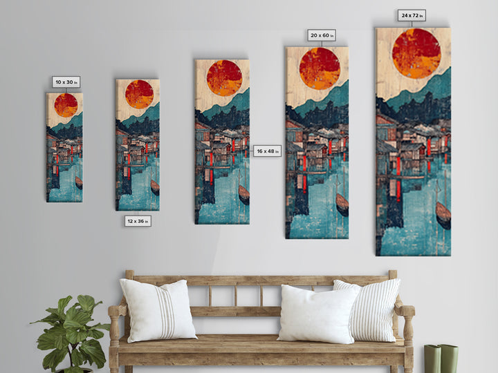 Harbor Village At Sunset Framed Canvas Print, Japanese Wall Art, Mountain Lake Decor, Asian Landscape Print, Coastal Home Decor