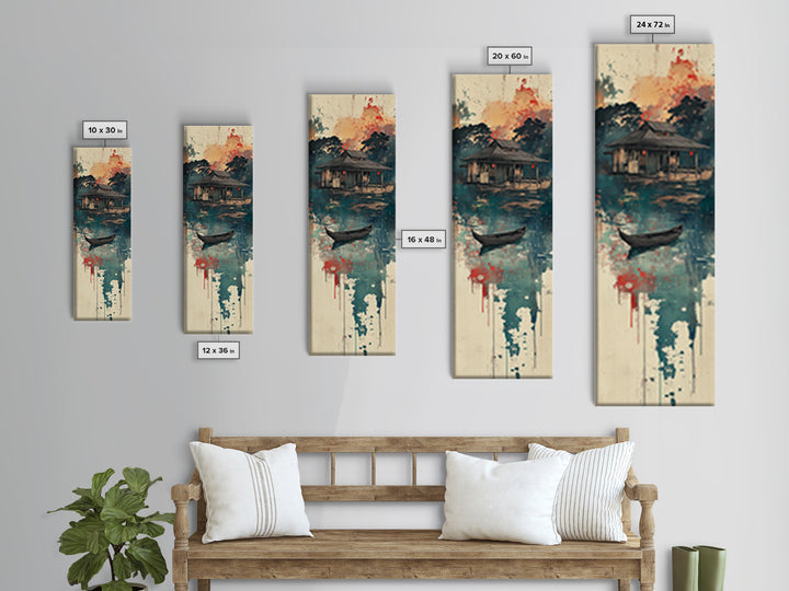 Floating Lake House Canvas Print, Misty Japanese Wall Art, Serene Boat Landscape, Japandi Decor, Peaceful Coastal Wall Decor