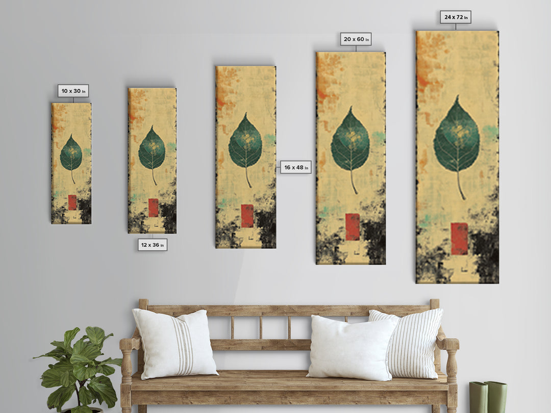 Green Botanical Leaf Wall Art, Japanese Wabi Sabi Nature Print, Minimalist Organic Modern Decor, Vertical Canvas Print For Home
