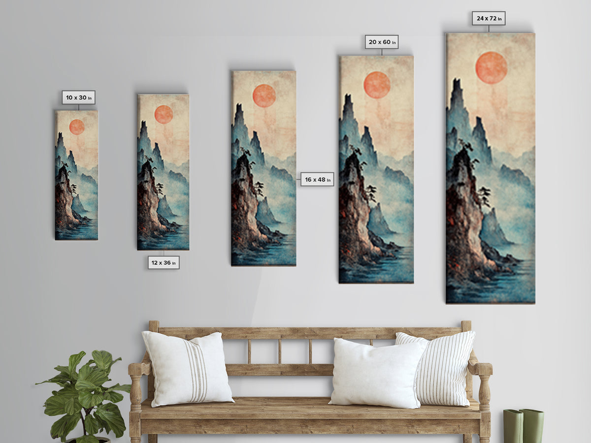 Red Sun Misty Mountain Wall Art, Japanese Landscape Canvas Print, Moody Asian Decor, Serene Nature Art For Living Room Decor