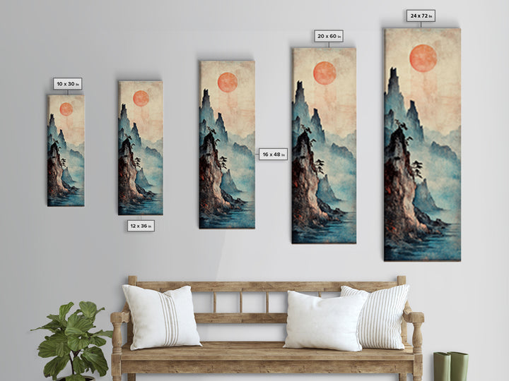 Red Sun Misty Mountain Wall Art, Japanese Landscape Canvas Print, Moody Asian Decor, Serene Nature Art For Living Room Decor