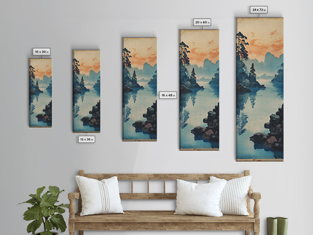 Blue Lake And Pine Forest Wall Art, Japanese Landscape Canvas Print, Serene Coastal Nature Decor For Living Room Above Sofa Decor
