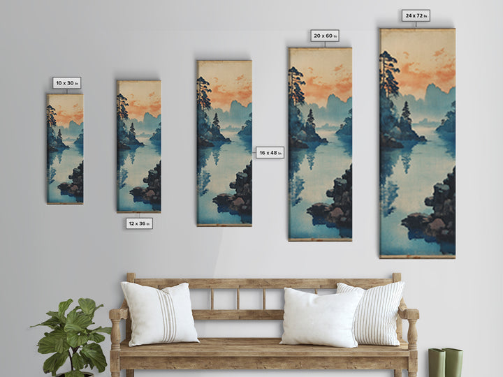 Blue Lake And Pine Forest Wall Art, Japanese Landscape Canvas Print, Serene Coastal Nature Decor For Living Room Above Sofa Decor