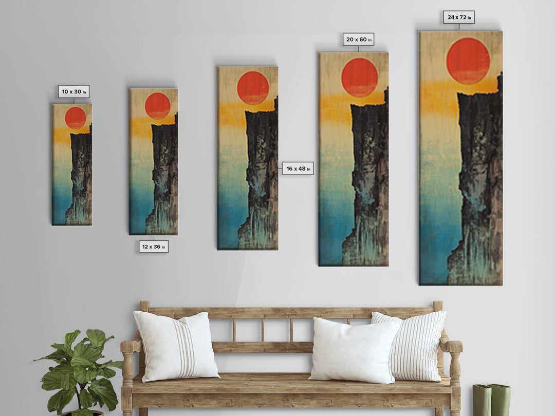 Red Sun Cliff Canvas Print, Japanese Wabi Sabi Landscape Wall Art, Minimalist Asian Decor For Modern Living Room Above Sofa