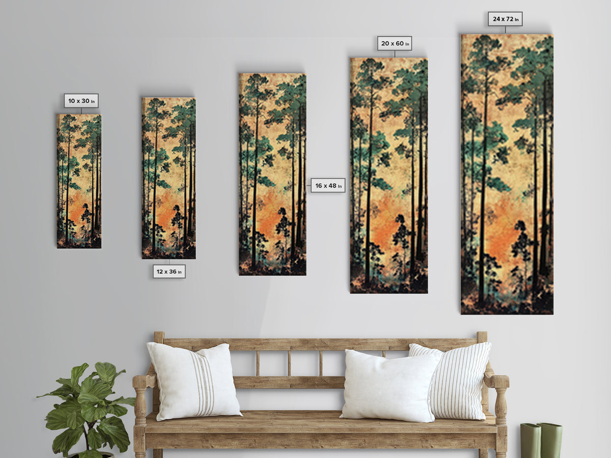 Tall Pine Forest Wall Art, Japanese Woodland Canvas Print, Rustic Nature Decor, Vertical Landscape For Cabin Living Room