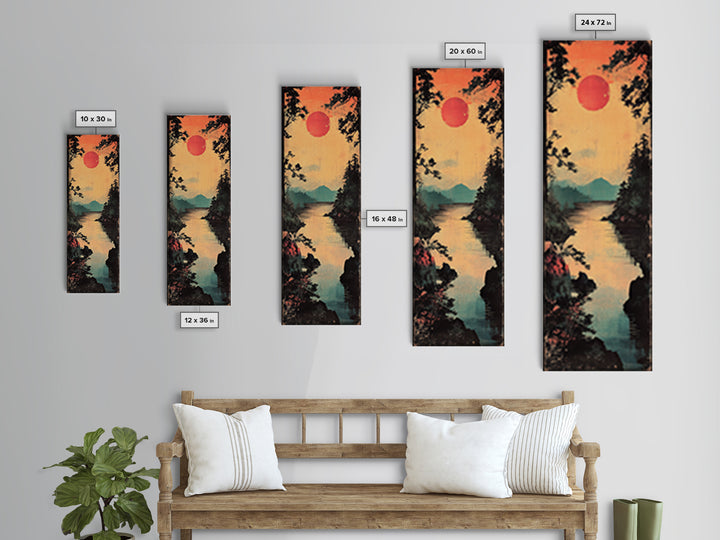 Red Sun River Wall Art, Japanese Pine Landscape Canvas Print, Serene Mountain Lake Decor For Living Room Above Sofa Wall Decor