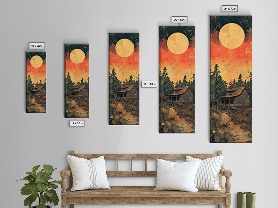 Rustic Cabin Moon Canvas Print, Japanese Forest Wall Art, Orange Sunset Landscape Decor For Cozy Cabin Living Room Wall Decor