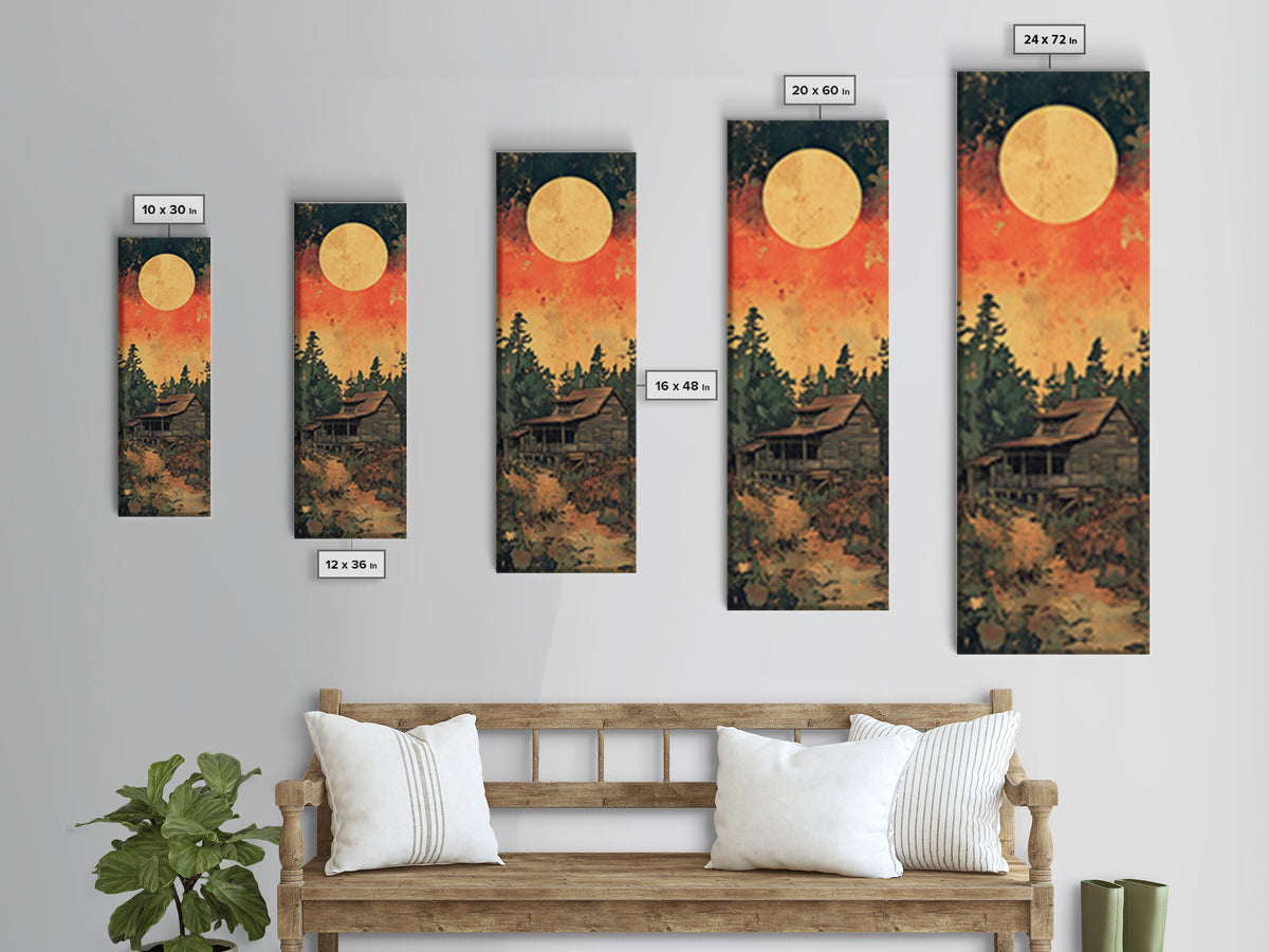 Rustic Cabin Moon Canvas Print, Japanese Forest Wall Art, Orange Sunset Landscape Decor For Cozy Cabin Living Room Wall Decor