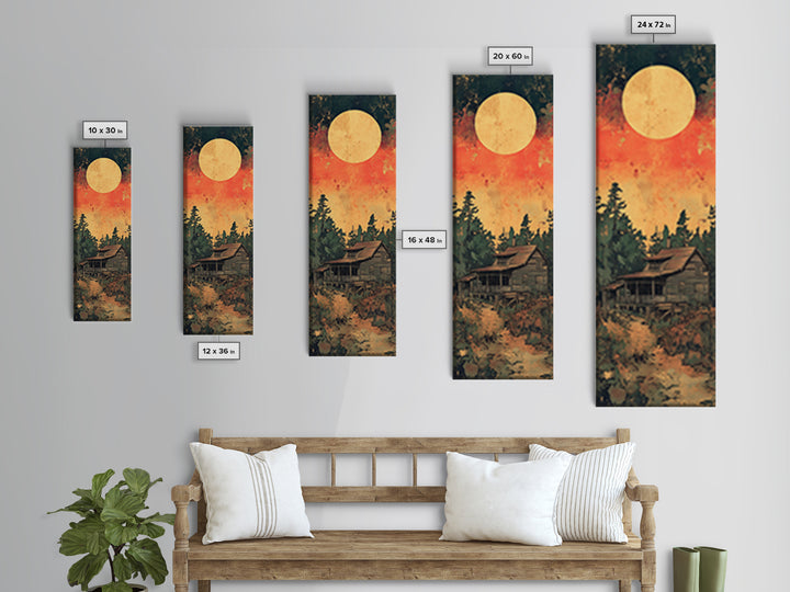 Rustic Cabin Moon Canvas Print, Japanese Forest Wall Art, Orange Sunset Landscape Decor For Cozy Cabin Living Room Wall Decor