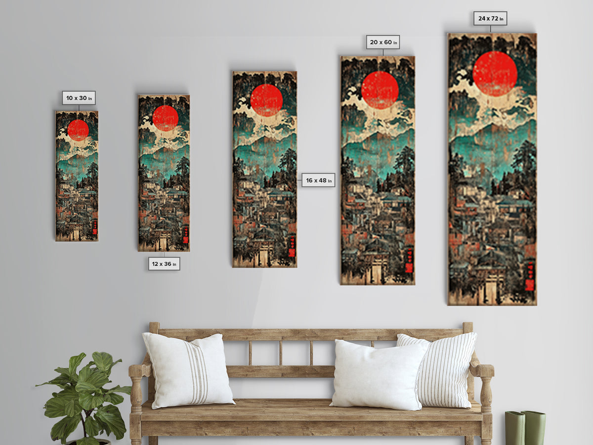 Red Sun Mountain Town Wall Art, Japanese Landscape Canvas Print, Rustic Wabi Sabi Decor, Teal Blue Living Room Wall Art Print
