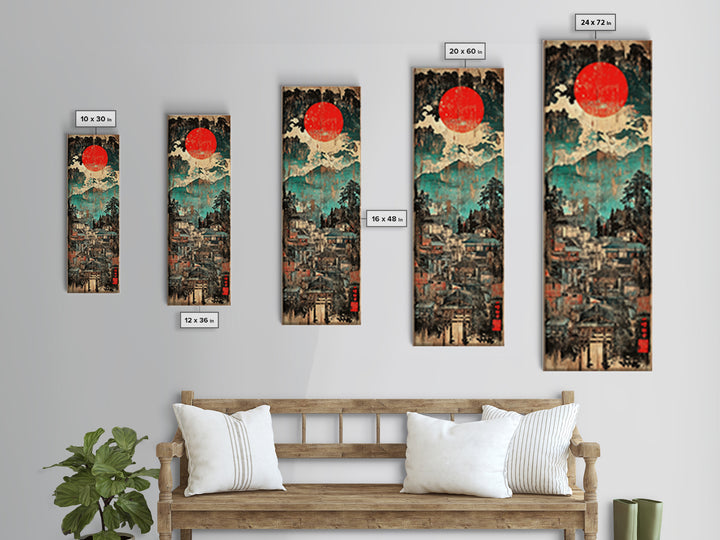 Red Sun Mountain Town Wall Art, Japanese Landscape Canvas Print, Rustic Wabi Sabi Decor, Teal Blue Living Room Wall Art Print