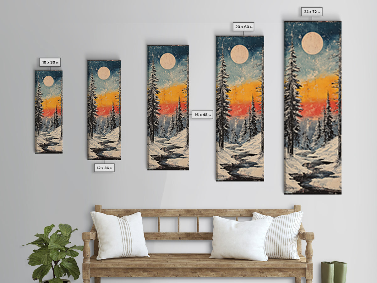 Snowy Pine Forest Moonrise Wall Art, Winter Landscape Canvas Print, Cozy Cabin Decor, Japandi Nature Art For Living Room