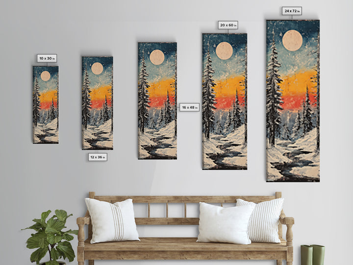 Snowy Pine Forest Moonrise Wall Art, Winter Landscape Canvas Print, Cozy Cabin Decor, Japandi Nature Art For Living Room
