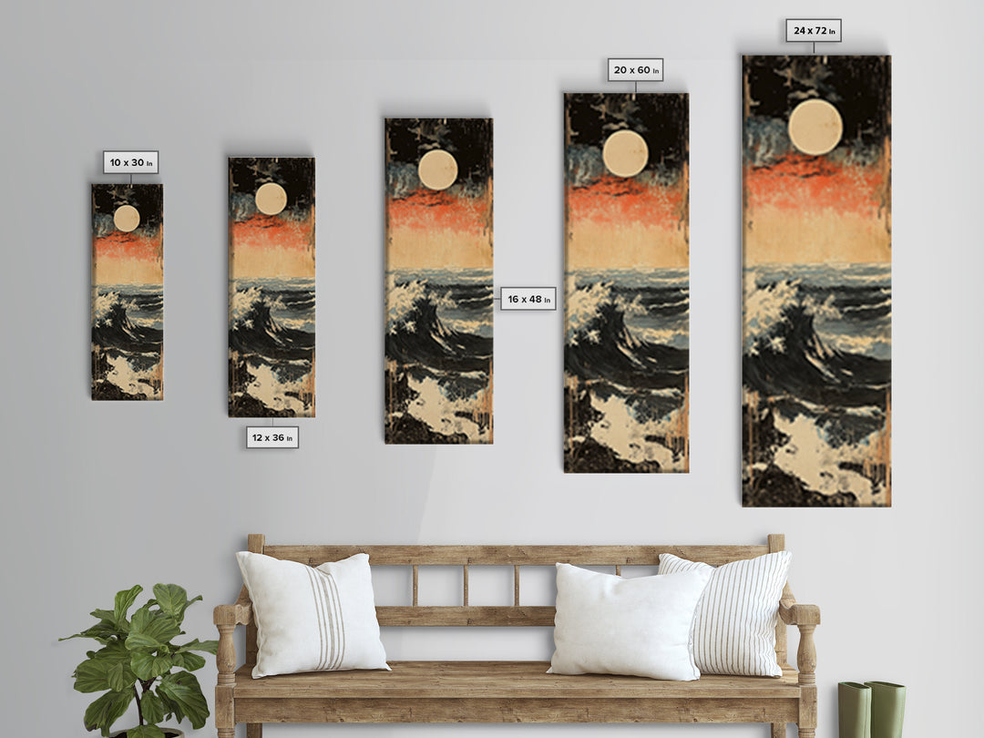 Full Moon Ocean Wave Wall Art, Japanese Seascape Canvas Print, Moody Coastal Decor, Blue Nautical Art For Living Room Decor