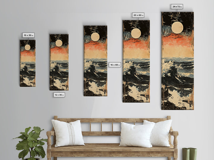 Full Moon Ocean Wave Wall Art, Japanese Seascape Canvas Print, Moody Coastal Decor, Blue Nautical Art For Living Room Decor