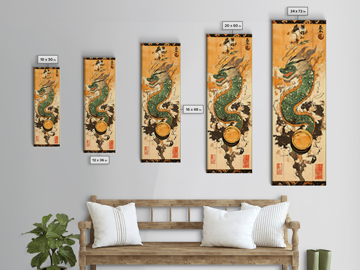 Emerald Japanese Dragon With Pearl Wall Art, Asian Fantasy Canvas Print, Mythical Creature Decor, Japanese Artwork Gift Idea