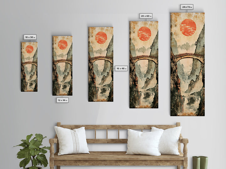 Misty Gorge Bridge And Red Sun Canvas Print, Japanese Landscape Wall Art, Zen Home Decor, Waterfall Art, Japandi Wall Decor