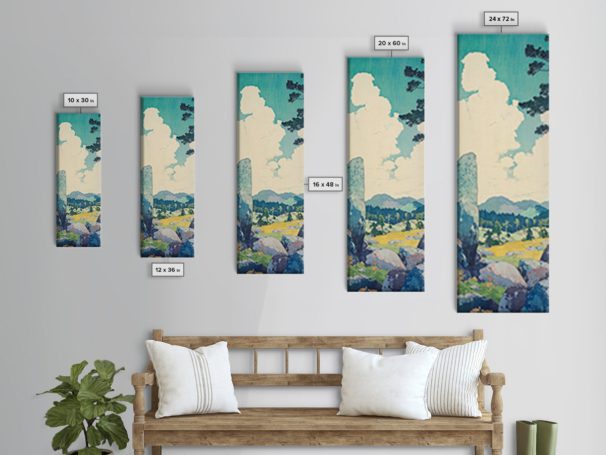 Blue Sky Cloud Meadow And Stone Wall Art, Japanese Landscape Canvas Print, Minimalist Nature Art, Serene Decor, Japandi Print