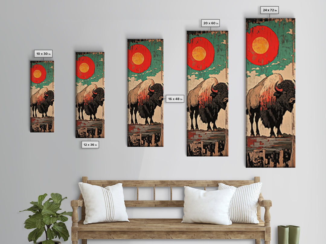 Red Sun Bison Wall Art, Bold Western Buffalo Canvas Print, Rustic Lodge Decor, Teal Desert Artwork, Housewarming Gift, Man Cave Decor