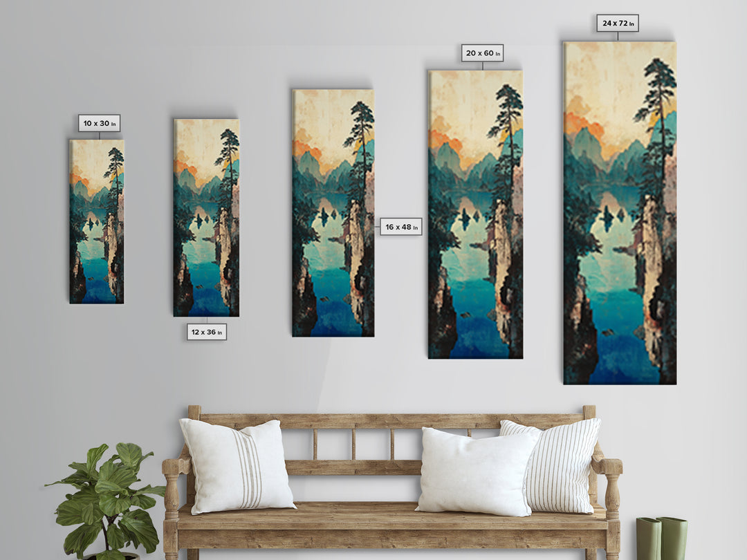 Turquoise Mountain Gorge Wall Art, Serene Lake Landscape Canvas Print, Japandi Nature Decor, Large Living Room Wall Art Print