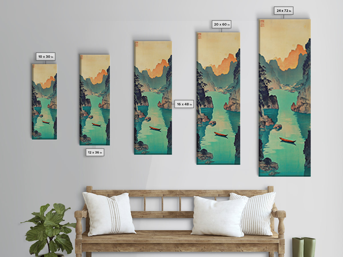 Red Boat Canyon Wall Art, Turquoise River Landscape Framed Canvas Print, Japanese Coastal Decor, Serene Nature Art For Living Room