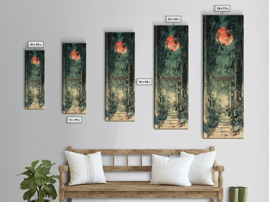 Red Moon Forest Shrine Wall Art, Mystical Torii Gate Canvas Print, Japanese Zen Decor, Dark Green Celestial Wall Art, Meditation Decor