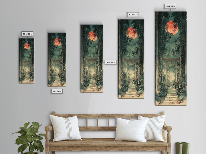 Red Moon Forest Shrine Wall Art, Mystical Torii Gate Canvas Print, Japanese Zen Decor, Dark Green Celestial Wall Art, Meditation Decor