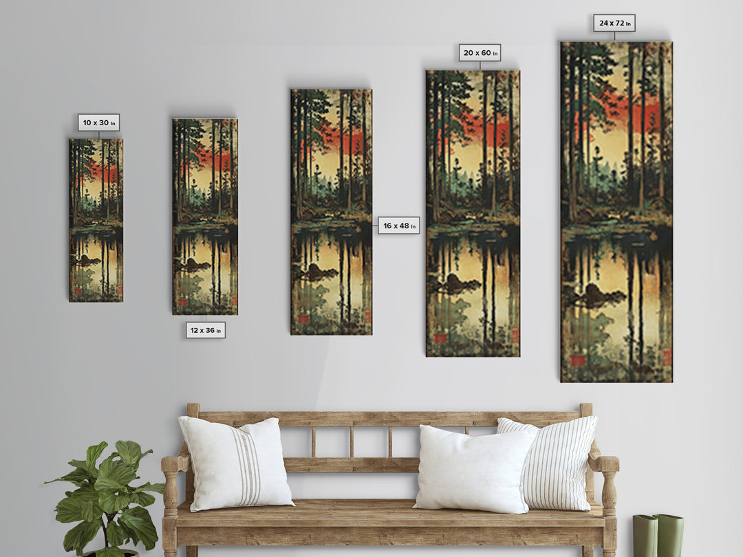 Sunset Pine Forest Wall Art, Reflective Woodland Stream Canvas Print, Rustic Cabin Decor, Moody Nature Landscape Art, Gift For Her