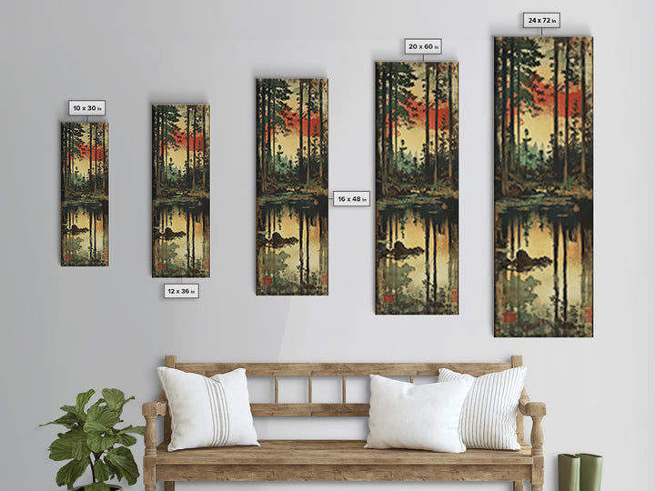 Sunset Pine Forest Wall Art, Reflective Woodland Stream Canvas Print, Rustic Cabin Decor, Moody Nature Landscape Art, Gift For Her