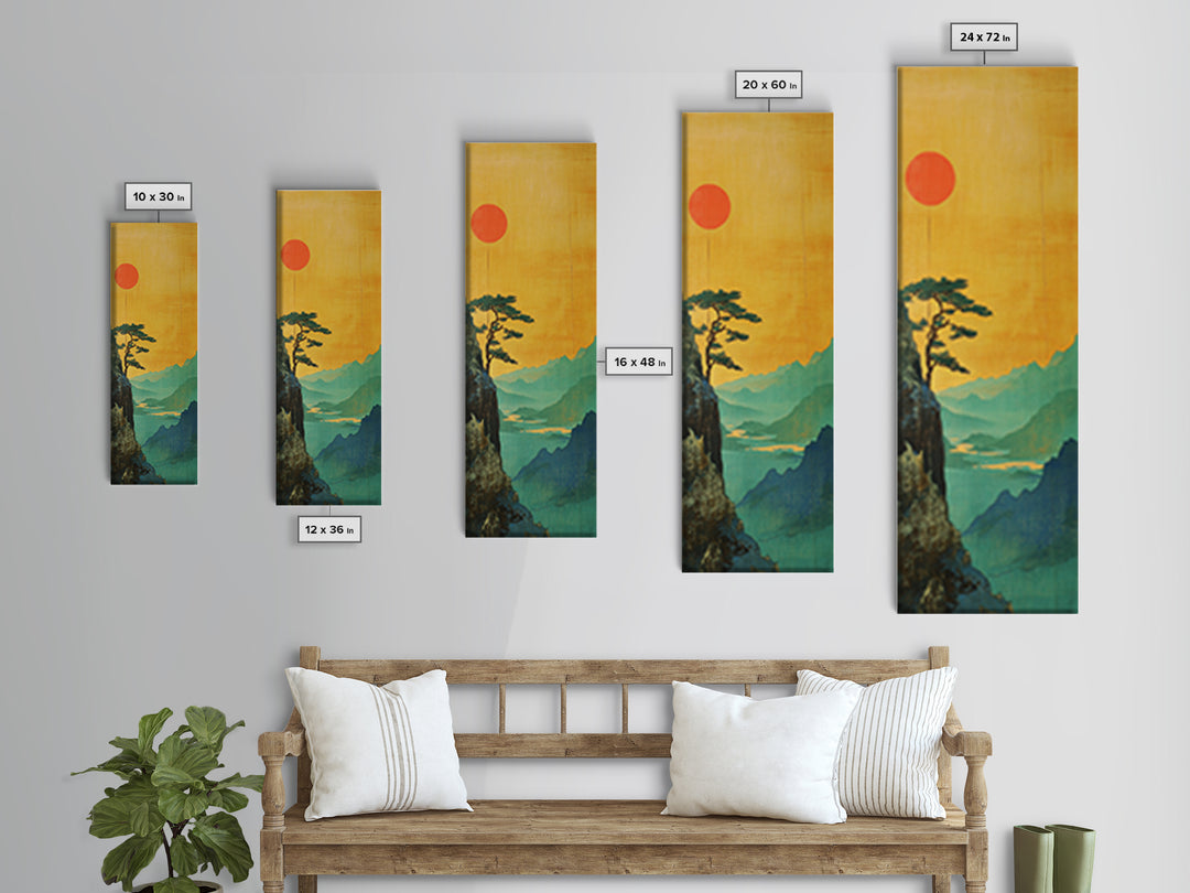 Orange Sun Cliff Pine Mountain Wall Art, Japanese Landscape Canvas Print, Japandi Home Decor, Long Narrow Wall Decor Gift