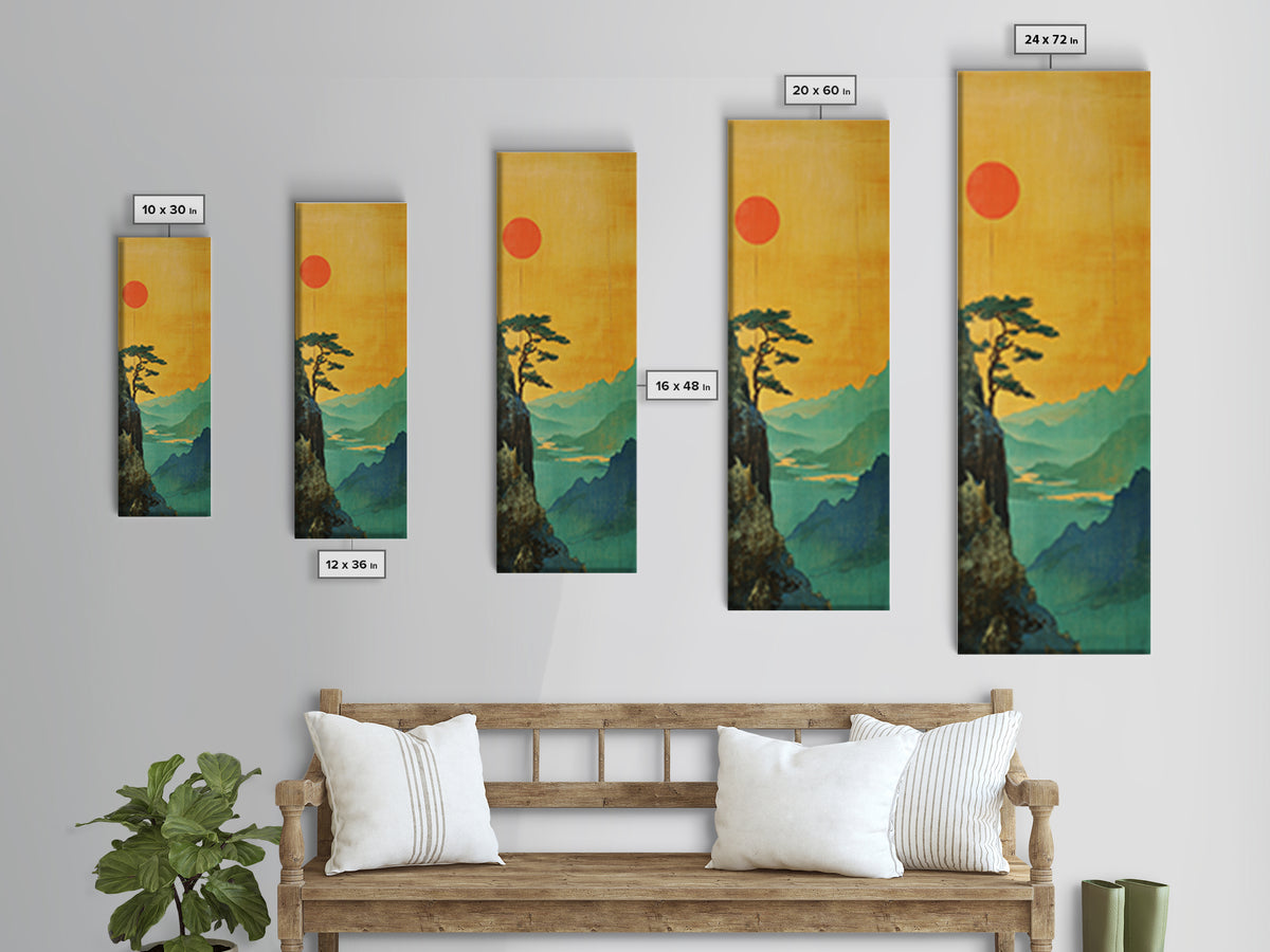 Orange Sun Cliff Pine Mountain Wall Art, Japanese Landscape Canvas Print, Japandi Home Decor, Long Narrow Wall Decor Gift