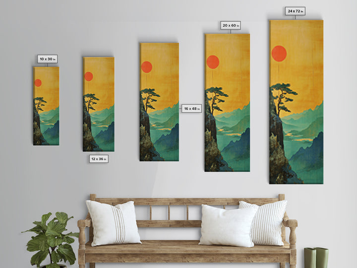 Orange Sun Cliff Pine Mountain Wall Art, Japanese Landscape Canvas Print, Japandi Home Decor, Long Narrow Wall Decor Gift