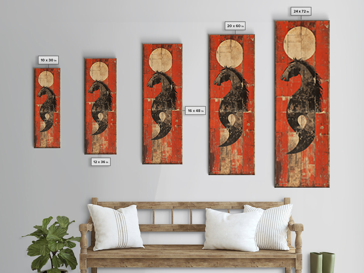 Black Horse Yin Yang Red Canvas Print, Japanese Equestrian Wall Art, Western Modern Decor, Long Narrow Wall Decor Gift For Him