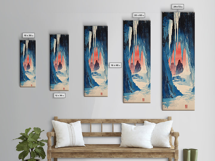 Blue Ice Cave Figure Canvas Print, Japanese Fantasy Wall Art, Moody Winter Landscape Decor, Long Narrow Wall Decor Gift For Her