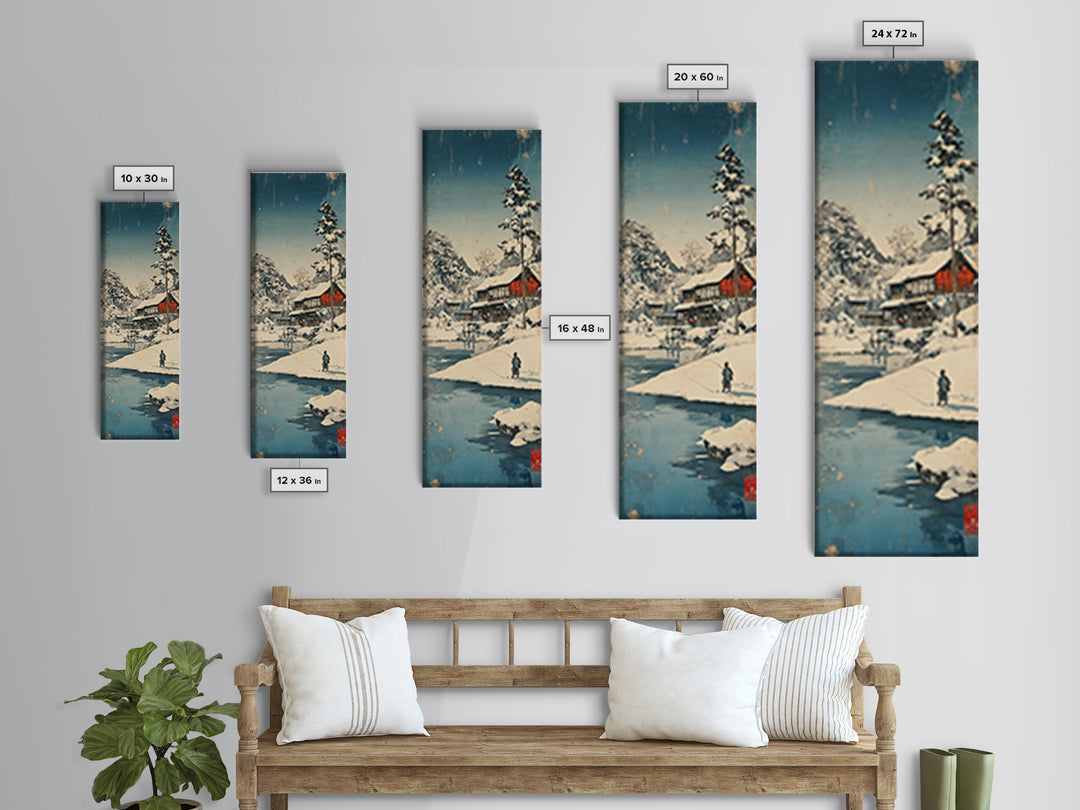 Snowy Japanese Cabin River Wall Art, Winter Landscape Canvas Print, Japandi Home Decor, Long Narrow Wall Decor Gift For Him