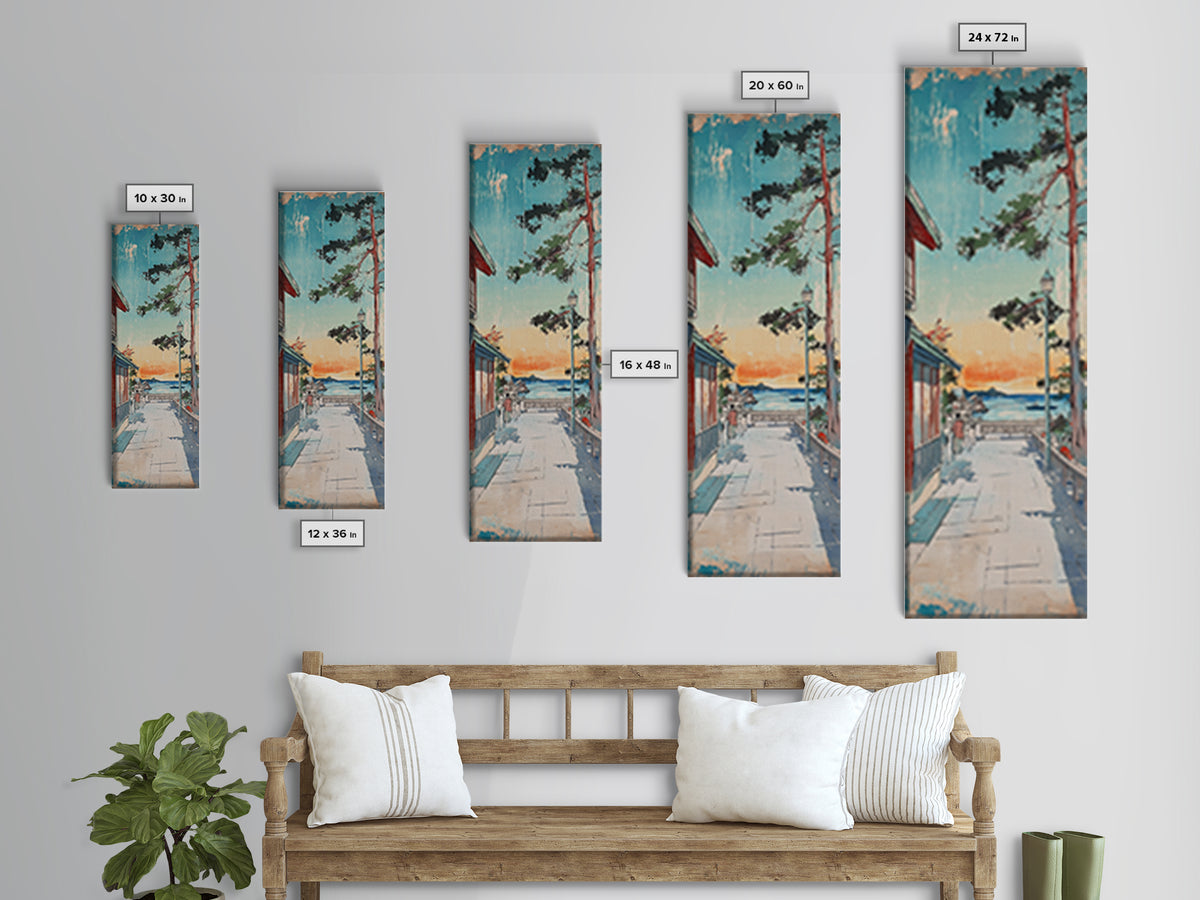 Japanese Seaside Village Sunset Wall Art, Coastal Landscape Canvas Print, Japandi Home Decor, Long Narrow Wall Decor Gift