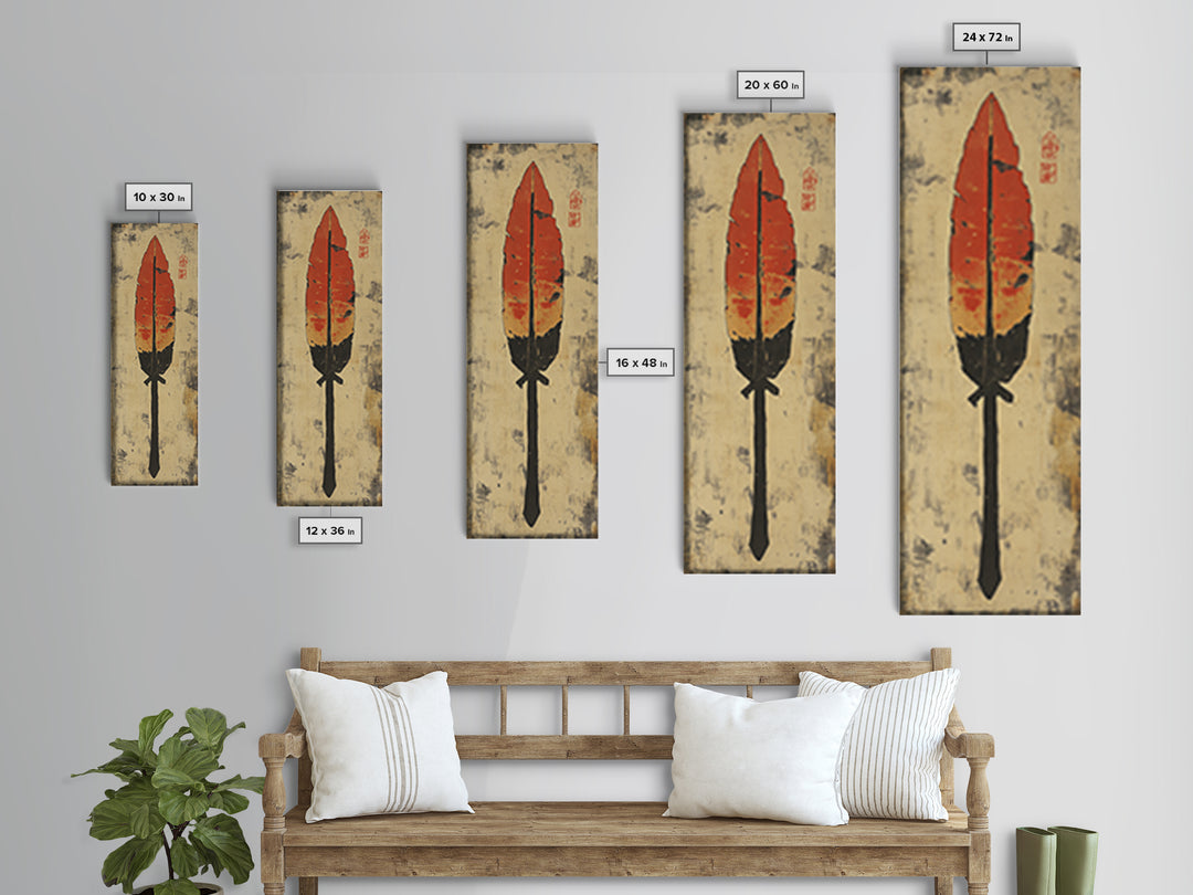 Red Feather Arrow Wall Art, Rustic Tribal Canvas Print, Southwestern Boho Decor, Indigenous Inspired Living Room Decor Gift