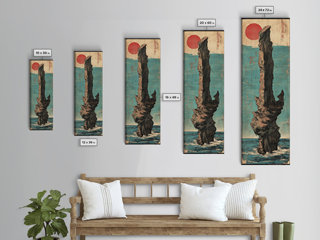 Red Sun Sea Stack Wall Art, Japanese Coastal Canvas Print, Dramatic Ocean Rock Landscape Print, Japandi Living Room Decor